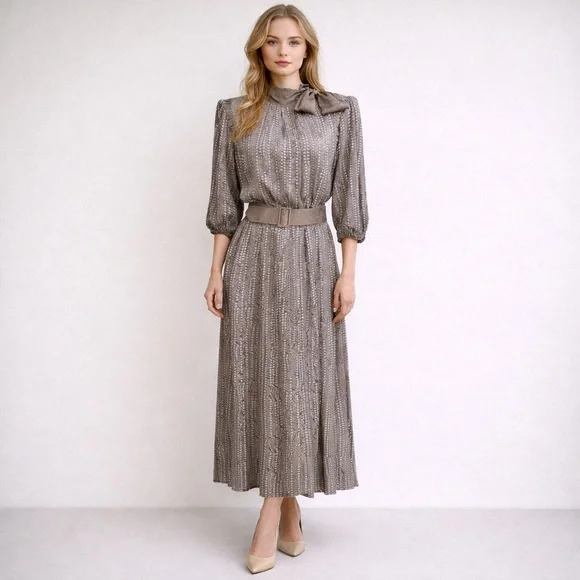 Vintage Diane Freis Original Silk Maxi Dress Belted Bow Neck Size Small NWT - Picture 1 of 7